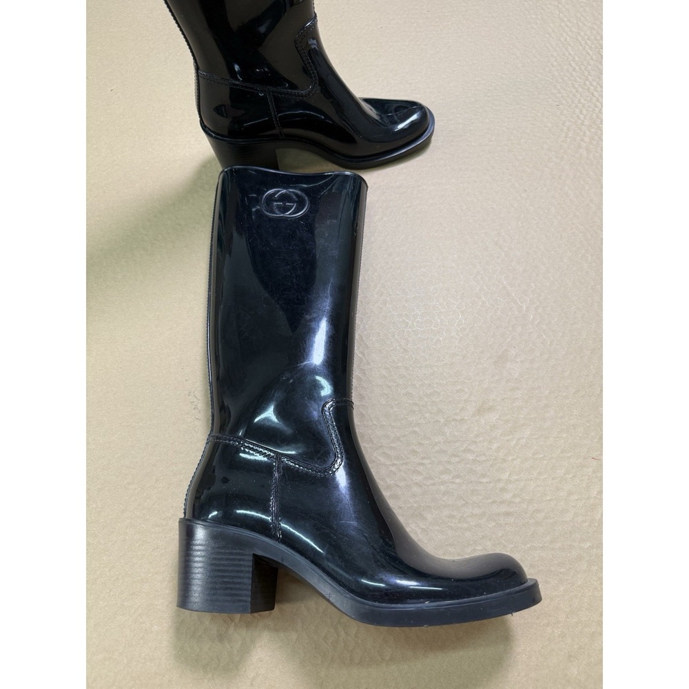 GUCCI Rain Boots High Black Interlocking GG Logo Plain Ladies' Size 38 US Size 8 - Picture 2 of 6